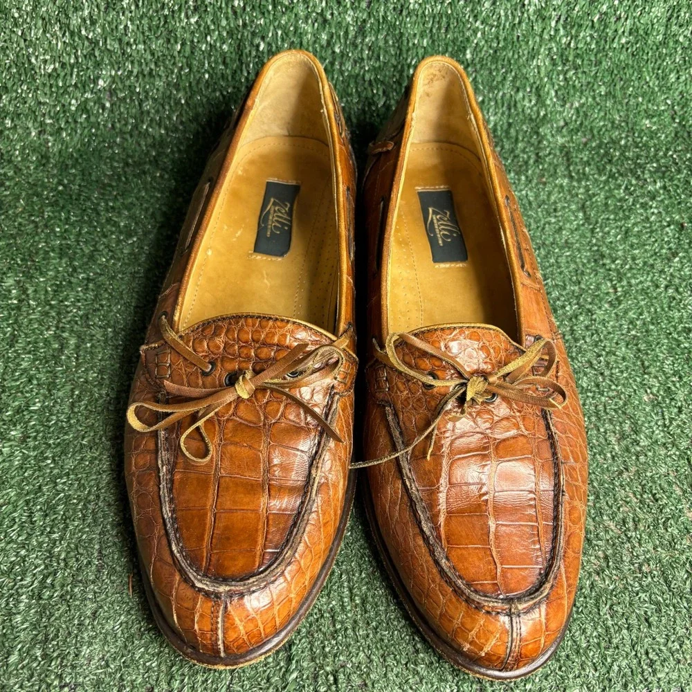 Zelli Genuine Alligator Leather Exotic Boat Style Tie Loafer Brown Men 11.5 Wide